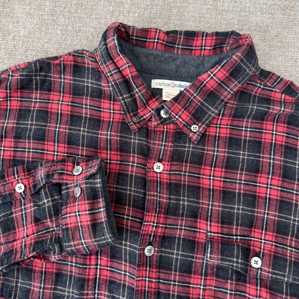 Carbon 2 Cobalt Flannel Shirt Mens L Red Black Plaid Lined Long Sleeve Button Up